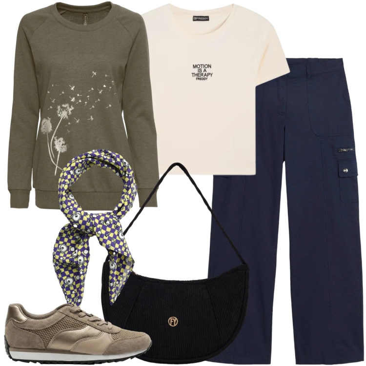 Outfit donna - Look da giornata all\'aperto. Stile Sporty chic per Tutti i giorni. Abbinamento con pantaloni cargo, felpe, sneakers, foulard, borse a mano, t-shirt.