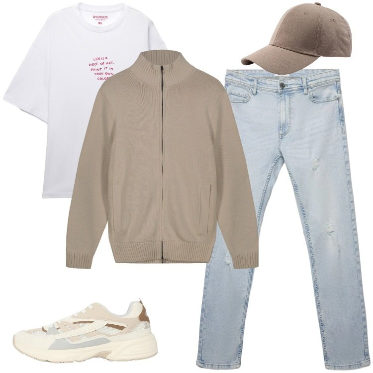 Outfit uomo - Total look #2404984. Stile Casual per Tutti i giorni. Abbinamento con sneakers, jeans strappati, t-shirt, cardigans, cappelli con visiera.