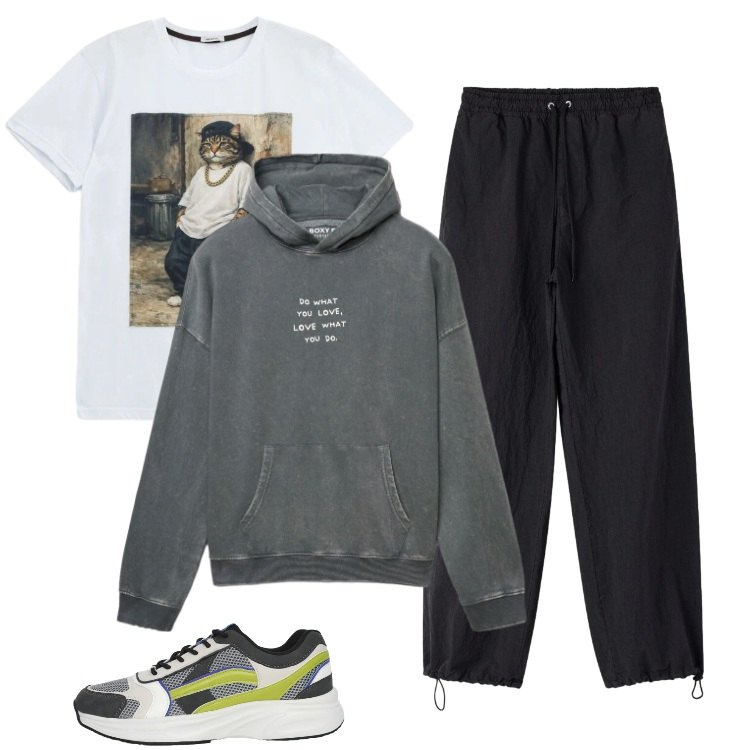 Outfit uomo - Total look #2404988. Stile Urban per Tutti i giorni. Abbinamento con sneakers, felpe con cappuccio, pantaloni, t-shirt.