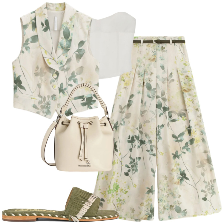 Outfit donna - Imperial. Stile Romantica per Tutti i giorni. Abbinamento con pantaloni a palazzo, gilet, top, borse a secchiello, ciabatte.