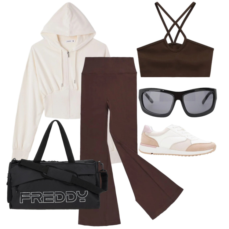Outfit donna - Maggio. Stile Sporty chic per Sport. Abbinamento con sneakers, felpe con cappuccio, leggings, occhiali da sole, top, borse sportive.