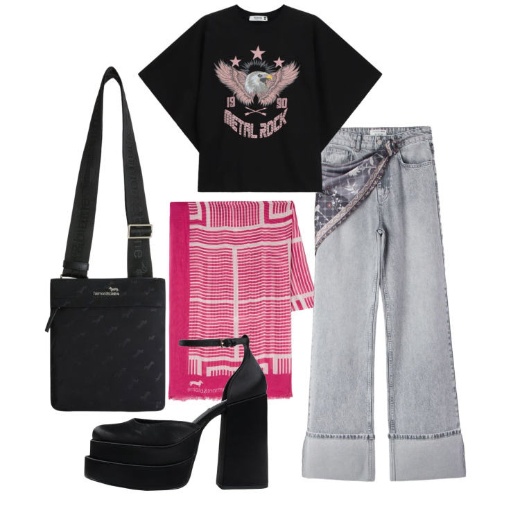 Outfit donna - Maggio. Stile Rock per Tutti i giorni. Abbinamento con décolleté, jeans, sciarpe, borse a tracolla, t-shirt.