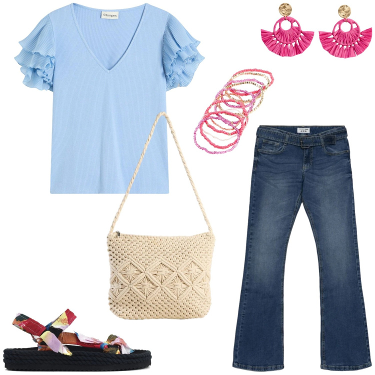 Outfit donna - Casual-Boho. Stile Boho per Tutti i giorni. Abbinamento con orecchini, bluse, borse a tracolla, braccialetti, jeans a zampa, sandali.