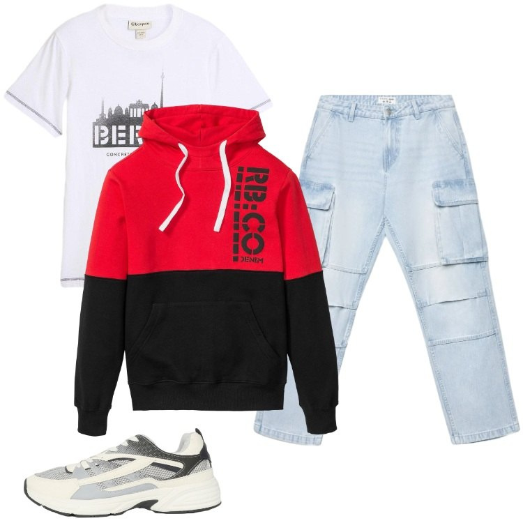 Outfit uomo - Total look #2404996. Stile Urban per Tutti i giorni. Abbinamento con felpe con cappuccio, t-shirt, sneakers, jeans.