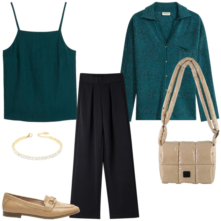 Outfit donna - Un outfit in maggio. Stile Casual chic per Tutti i giorni. Abbinamento con cardigans, mocassini, canottiere, pantaloni, borse a spalla, braccialetti.