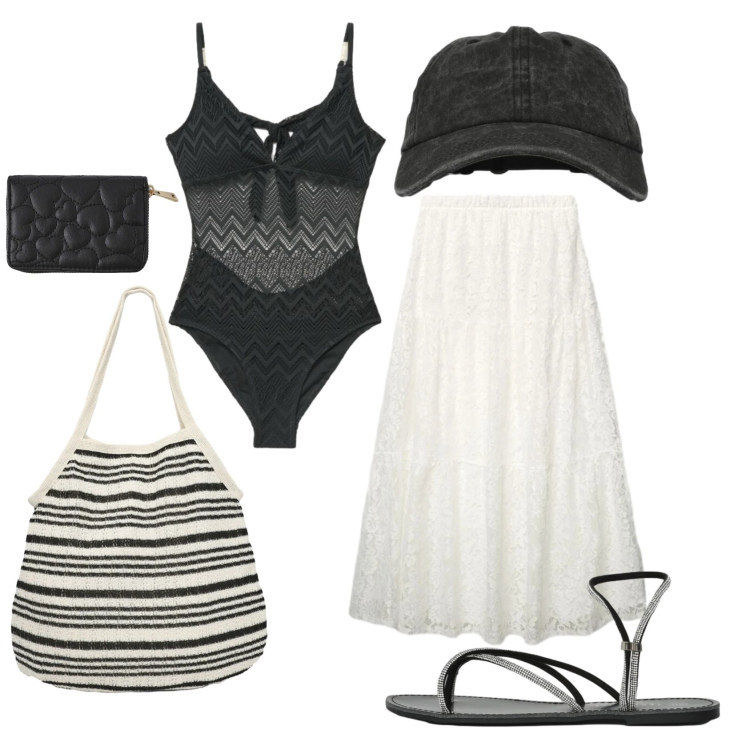 Outfit donna - Brunch sul mare. Stile Boho per Mare. Abbinamento con portafogli, gonne lunghe, sandali, shopping bag, cappelli con visiera, costumi interi.