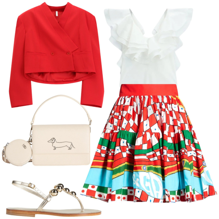 Outfit donna - Passeggiata serale. Stile Glamour per Serata fuori. Abbinamento con minigonne, infradito, borse a tracolla, blazer, body.