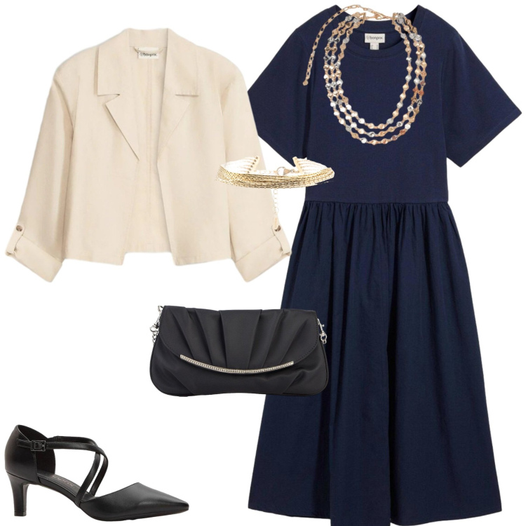 Outfit donna - L\'outfit Basic e Chic. Stile Chic per Serata fuori. Abbinamento con décolleté, blazer, clutch, vestiti midi/longuette, collane, braccialetti.