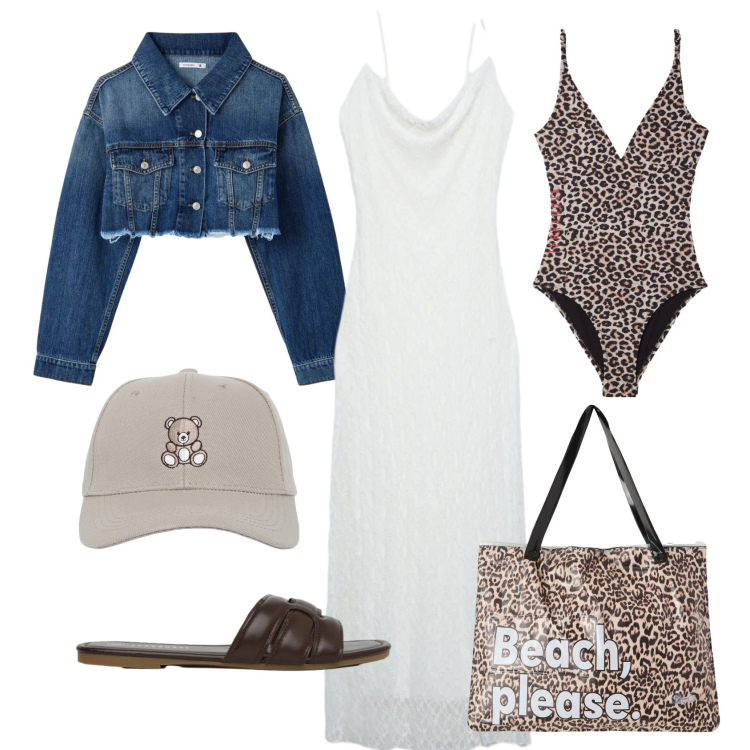 Outfit donna - Mercato sul lungomare. Stile Glamour per Mare. Abbinamento con cappelli con visiera, borse tote, vestiti lunghi, costumi interi, ciabatte, cappotti.