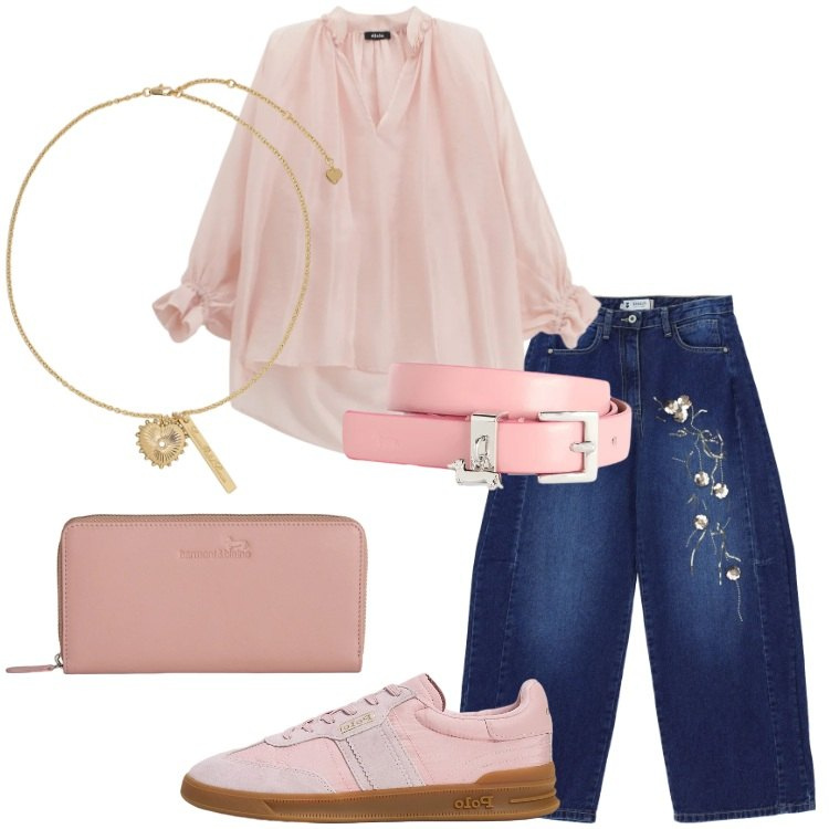 Outfit donna - Blusa + jeans - Il nuovo everyday look. Stile Romantica per Scuola/Università. Abbinamento con cinture, portafogli, jeans, bluse, sneakers, ciondoli.