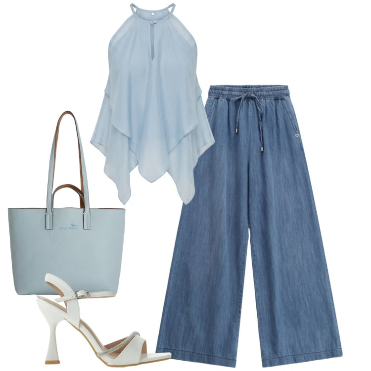 Outfit donna - Cielo. Stile Casual chic per Tutti i giorni. Abbinamento con canottiere, sandali gioiello, shopping bag, jeans.