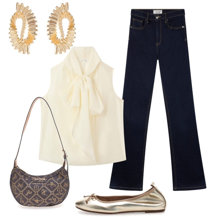 Outfit donna - In città. Stile Chic per Tutti i giorni. Abbinamento con bluse, jeans a zampa, orecchini, ballerine, borse a tracolla.