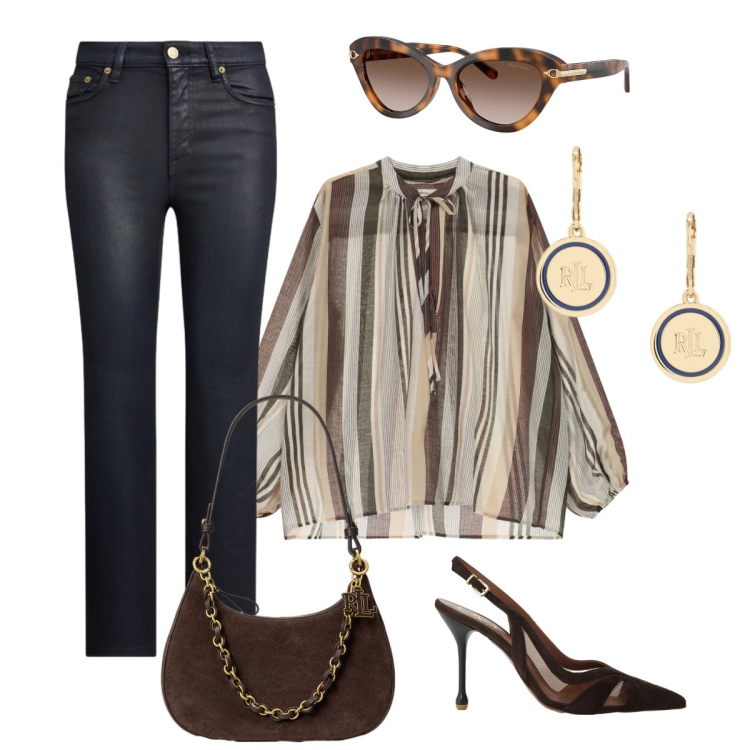 Outfit donna - Disinvolta: dall’ufficio all’aperitivo. Stile Chic per Serata fuori. Abbinamento con bluse, décolleté, jeans dritti, borse a spalla, occhiali da sole, orecchini.