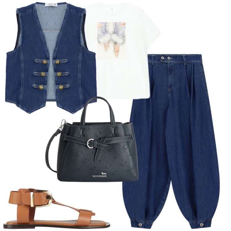 Outfit donna - Please. Stile Casual per Tutti i giorni. Abbinamento con sandali alla schiava, t-shirt, borse a mano, gilet, jeans.