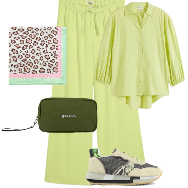 Outfit donna - Coda in Posta. Stile Casual chic per Tutti i giorni. Abbinamento con bluse, pantaloni, foulard, valigie, sneakers.
