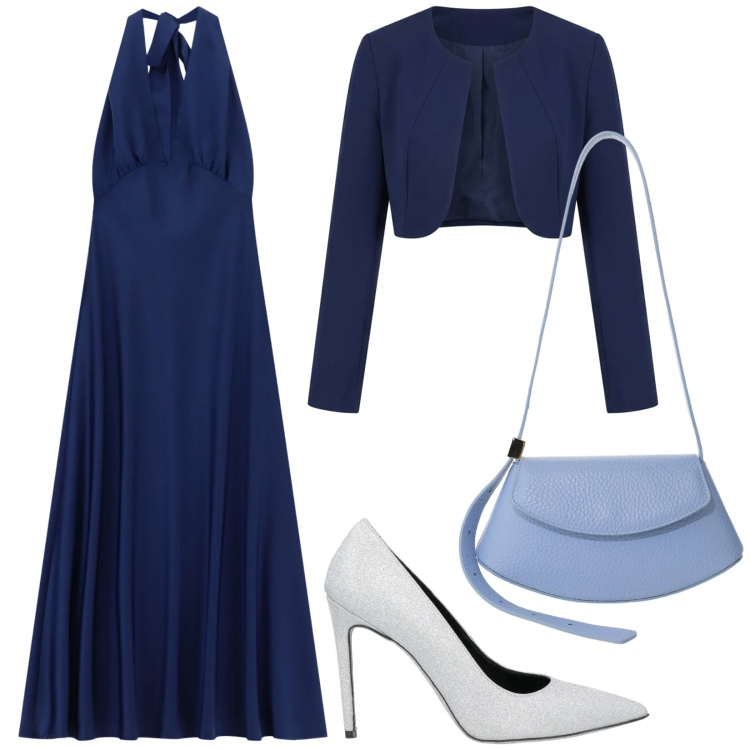 Outfit donna - Abito blu. Stile Glamour per Cerimonia. Abbinamento con décolleté, vestiti lunghi, borse a spalla, bolero.