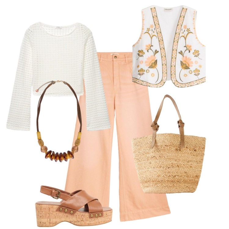 Outfit donna - Giornata easy boho. Stile Boho per Tutti i giorni. Abbinamento con shopping bag, gilet, jeans, zeppe, maglieria, collane.