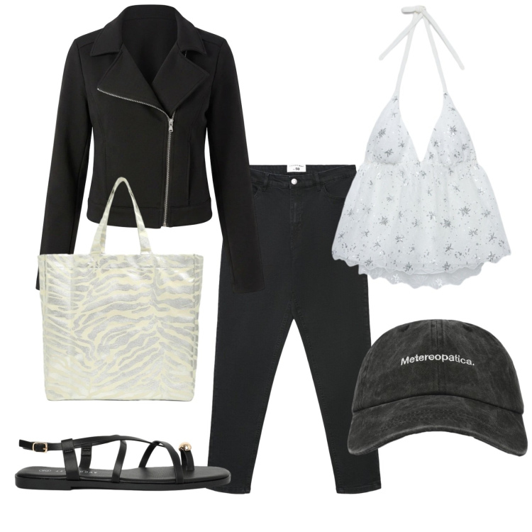 Outfit donna - Concerto in spiaggia. Stile Sexy per Serata fuori. Abbinamento con jeans skinny, cappelli con visiera, shopping bag, top, giacche, sandali.
