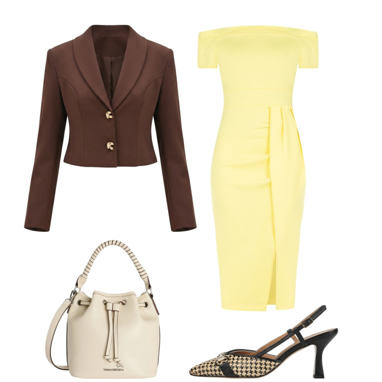 Outfit donna - Total look #2405020. Stile Bon Ton per Cerimonia. Abbinamento con décolleté, vestiti asimmetrici, blazer, borse a secchiello.