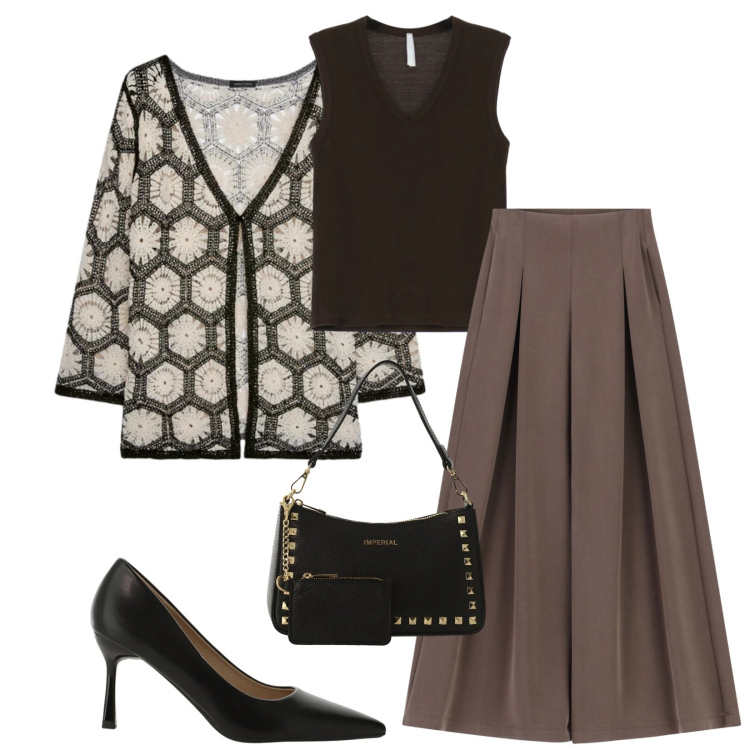Outfit donna - Total look #2405021. Stile Chic per Ufficio. Abbinamento con pantaloni a palazzo, top, décolleté, borse a spalla, cardigans.