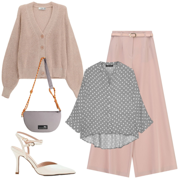 Outfit donna - Total look #2405023. Stile Bon Ton per Ufficio. Abbinamento con décolleté, pantaloni a palazzo, borse a tracolla, cardigans, camicie.