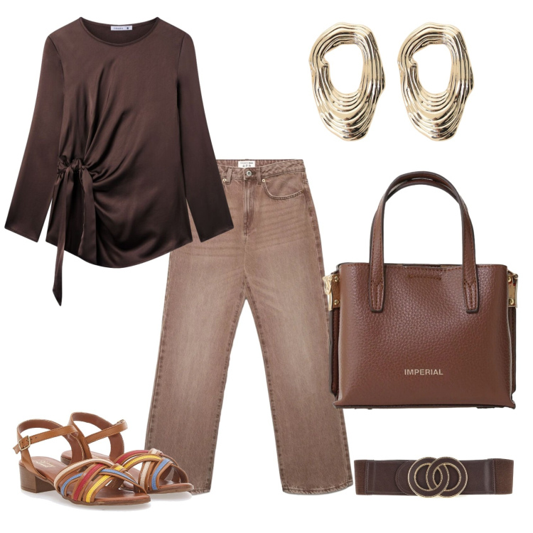 Outfit donna - Total look #2405025. Stile Casual chic per Ufficio. Abbinamento con bluse, jeans dritti, borse a tracolla, orecchini, sandali col tacco, cinture.