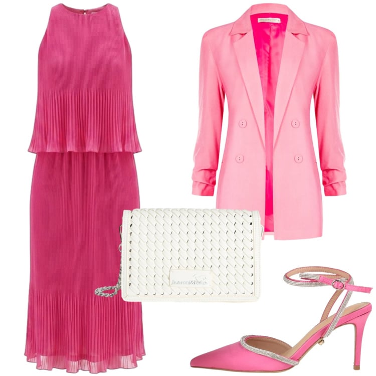 Outfit donna - In rosa per la cerimonia. Stile Glamour per Cerimonia. Abbinamento con décolleté, vestiti midi/longuette, blazer, borse a tracolla.