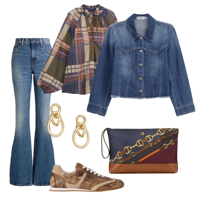 Outfit donna - Total look #2405029. Stile Casual chic per Ufficio. Abbinamento con blazer, bluse, jeans, sneakers, pochette, orecchini.