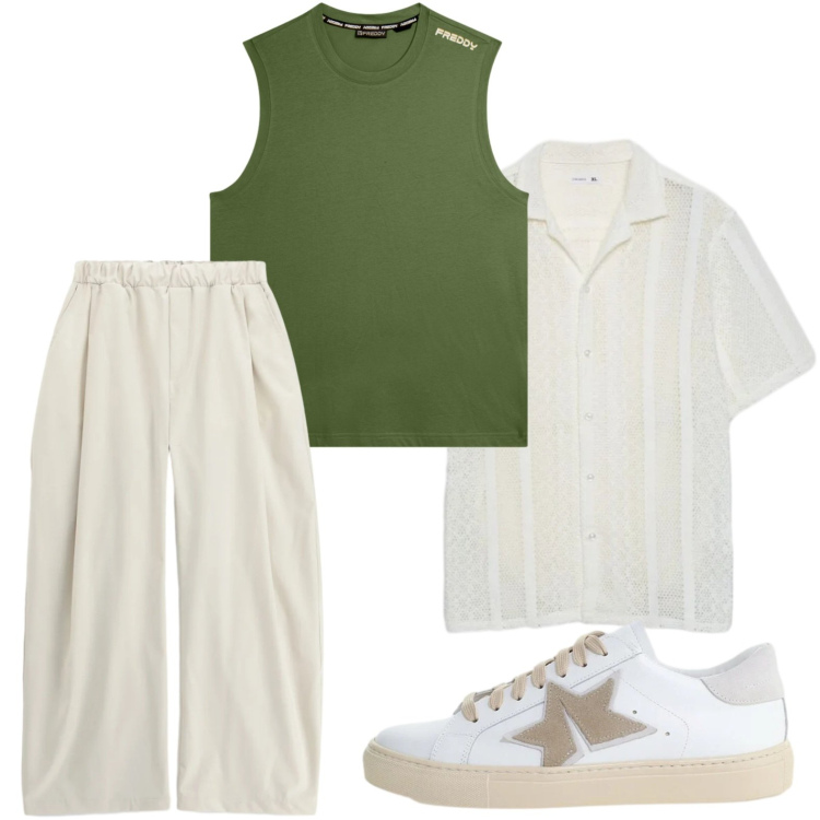 Outfit uomo - #CasualStyle #FrescoEDisinvolto #VerdeOl. Stile Casual per Tutti i giorni. Abbinamento con camicie a manica corta, pantaloni, sneakers, canottiere.