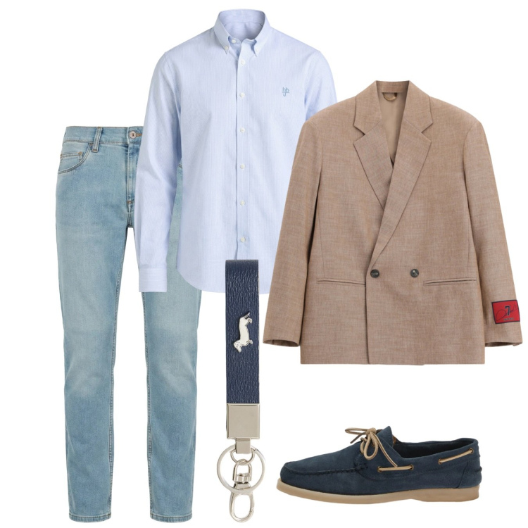 Outfit uomo - Maggio. Stile Casual per Tutti i giorni. Abbinamento con giacche, jeans slim fit, portachiavi, scarpe stringate, camicie.