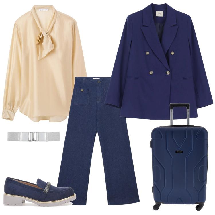 Outfit donna - Total look #2405034. Stile Casual chic per Tutti i giorni. Abbinamento con jeans, bluse, cinture, blazer, mocassini, valigie.