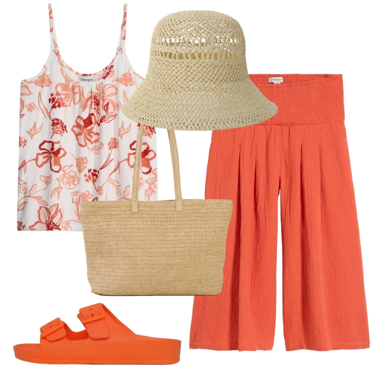 Outfit donna - Total look #2405035. Stile Basic per Mare. Abbinamento con shopping bag, canottiere, pantaloni, ciabatte, cappelli.