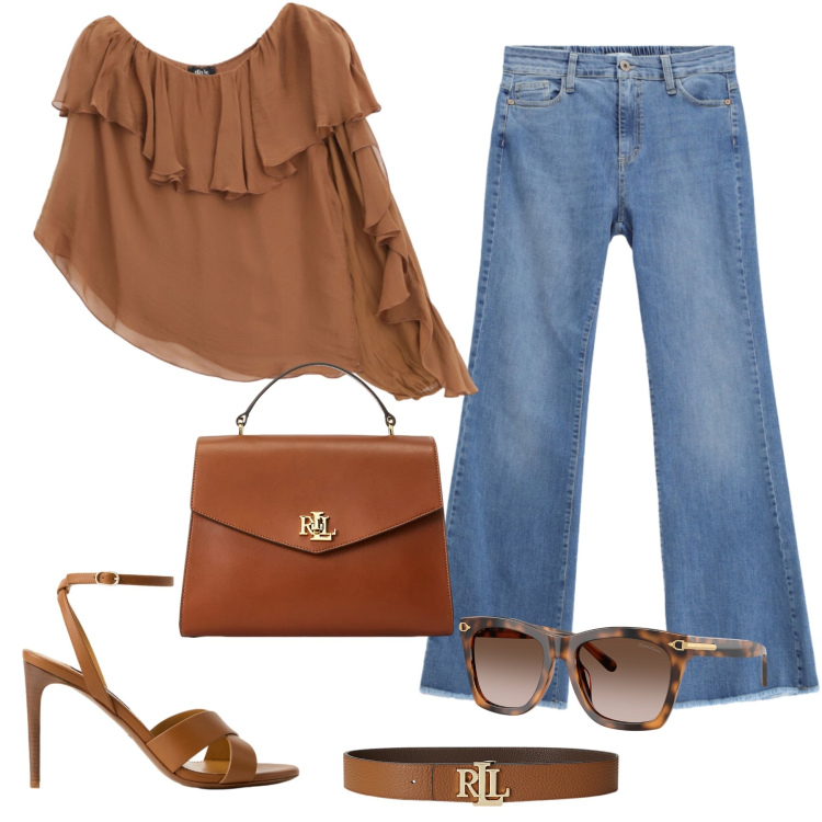Outfit donna - Casual stile. Stile Casual per Tutti i giorni. Abbinamento con jeans, bluse, cinture, borse a mano, occhiali da sole, sandali col tacco.