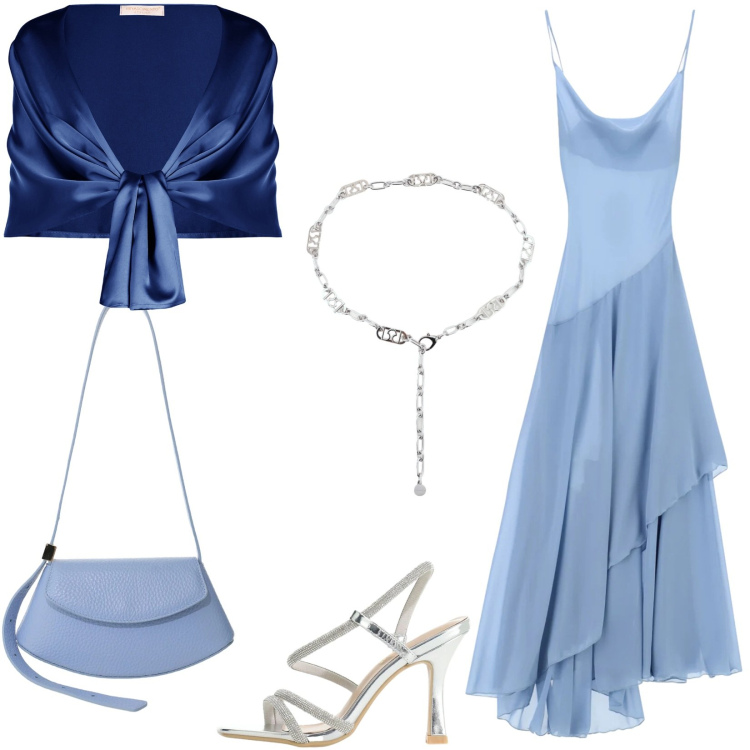 Outfit donna - Cerimonia in abito lungo. Stile Chic per Cerimonia. Abbinamento con stole, cinture, vestiti lunghi, sandali col tacco, borse a spalla.