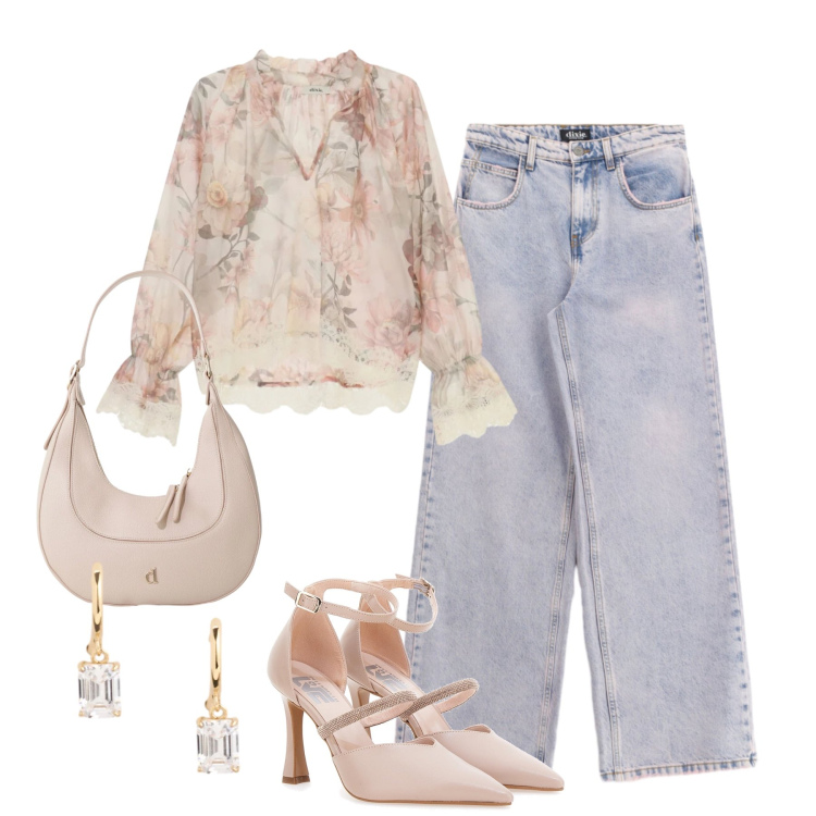 Outfit donna - Blusa, jeans e tacchi. Stile Casual chic per Serata fuori. Abbinamento con bluse, borse a tracolla, jeans dritti, orecchini, décolleté.