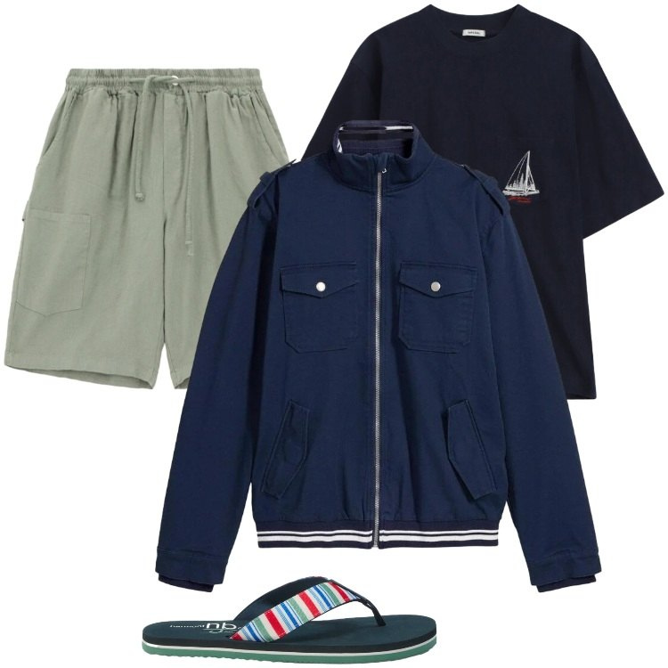 Outfit uomo - Total look #2405044. Stile Trendy per Mare. Abbinamento con giacche, bermuda, t-shirt, sandali.