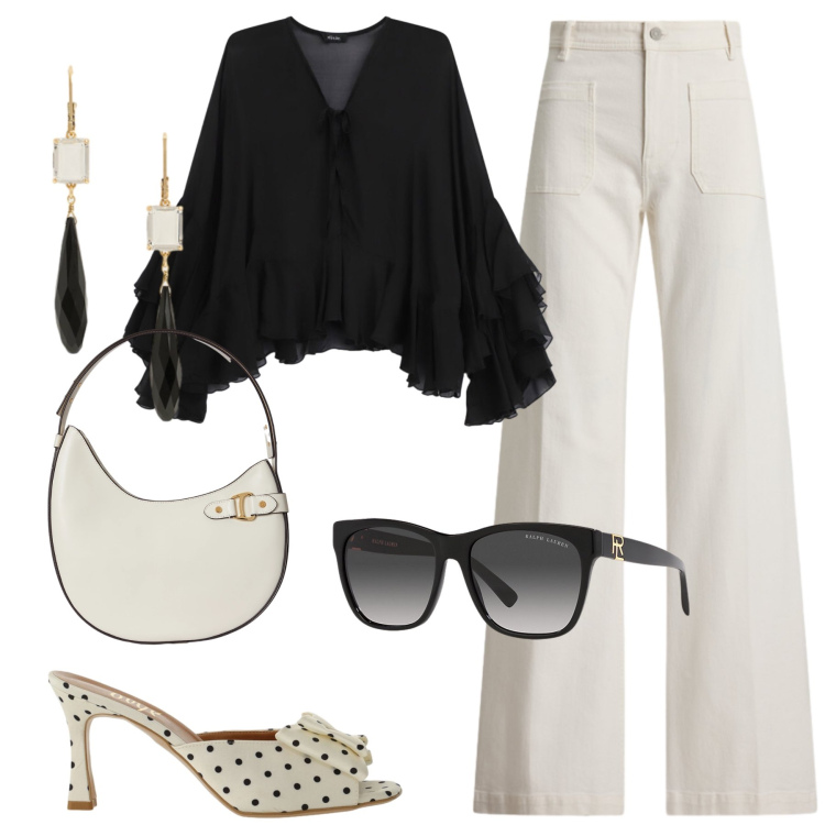 Outfit donna - black and white. Stile Casual chic per Tutti i giorni. Abbinamento con sandali col tacco, bluse, jeans, occhiali da sole, borse a spalla, orecchini.