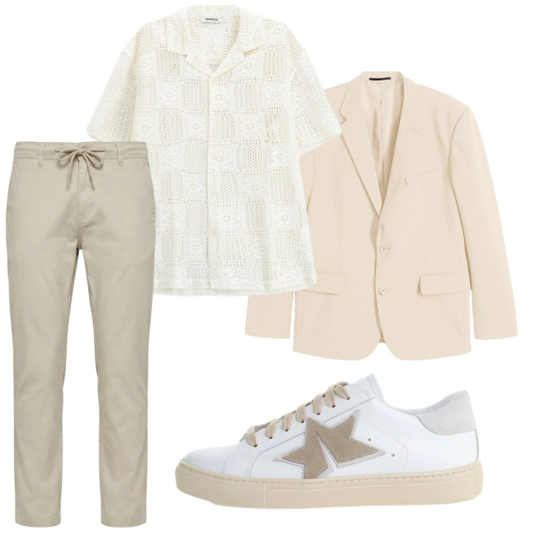 Outfit uomo - #LookMonocromatico #TotalBeige. Stile Casual per Tutti i giorni. Abbinamento con giacche, sneakers, camicie a manica corta, pantaloni.