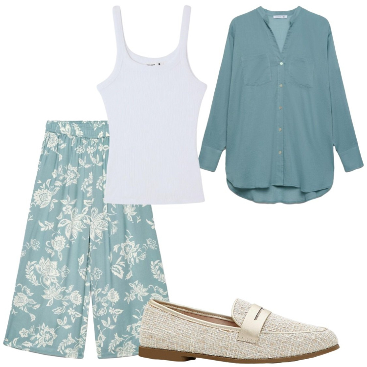 Outfit donna - Ufficio. Stile Casual chic per Ufficio. Abbinamento con mocassini, camicie, pantaloni a palazzo, canottiere.