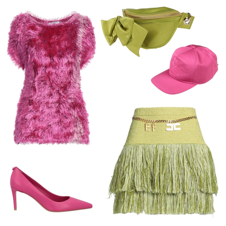 Outfit donna - Come una star. Stile Glamour per Serata fuori. Abbinamento con marsupi, pullovers, minigonne, cappelli con visiera, décolleté.