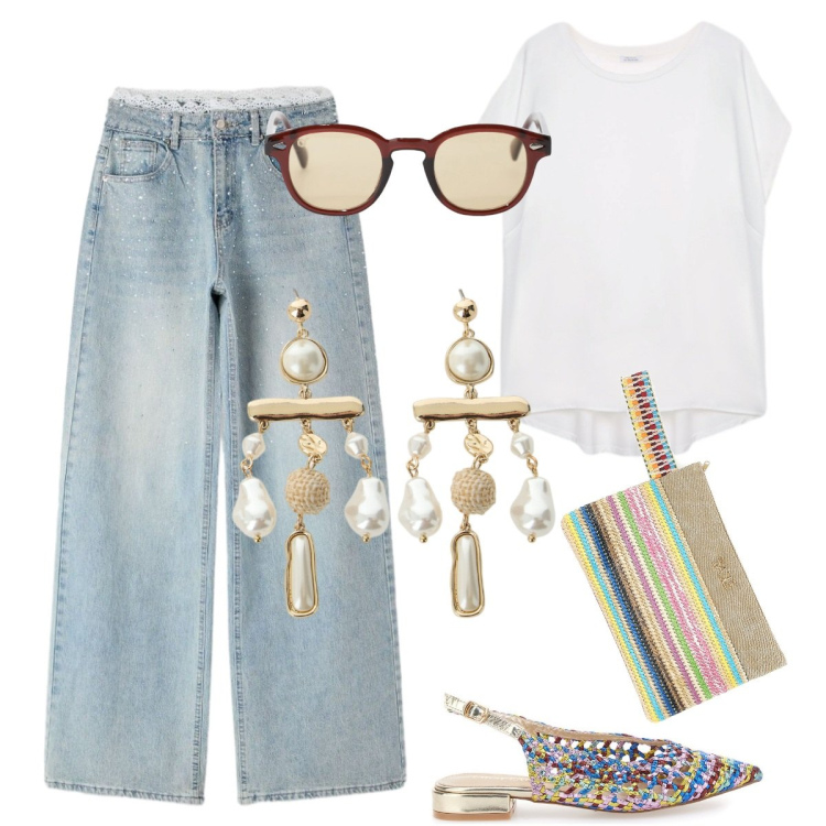 Outfit donna - Total look #2405055. Stile Basic per Tutti i giorni. Abbinamento con jeans, occhiali da sole, bluse, orecchini, ballerine, pochette.