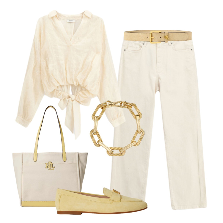 Outfit donna - Jeans e blusa eterea. Stile Casual chic per Tutti i giorni. Abbinamento con bluse, jeans dritti, mocassini, braccialetti, cinture, borse tote.