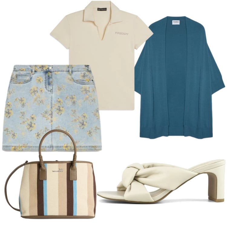 Outfit donna - #DenimSkirt #FloralPrint. Stile Casual chic per Tutti i giorni. Abbinamento con shopping bag, t-shirt, minigonne, cardigans, sandali col tacco.