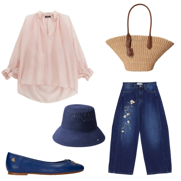 Outfit donna - Chic al mercato. Stile Bon Ton per Tutti i giorni. Abbinamento con jeans, ballerine, borse tote, cappelli, bluse.