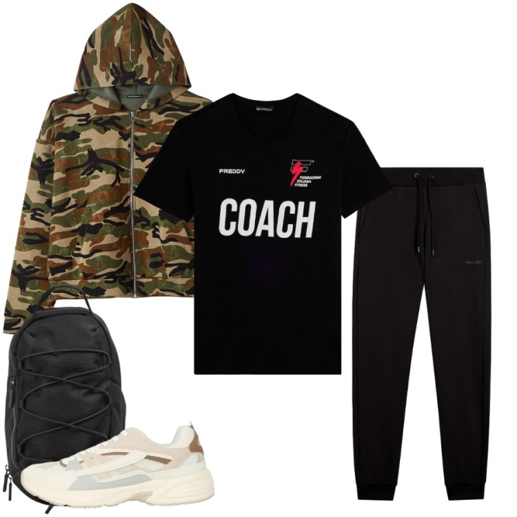 Outfit uomo - Total look #2405061. Stile Urban per Sport. Abbinamento con felpe con cappuccio, sneakers, borse sportive, pantaloni, t-shirt.