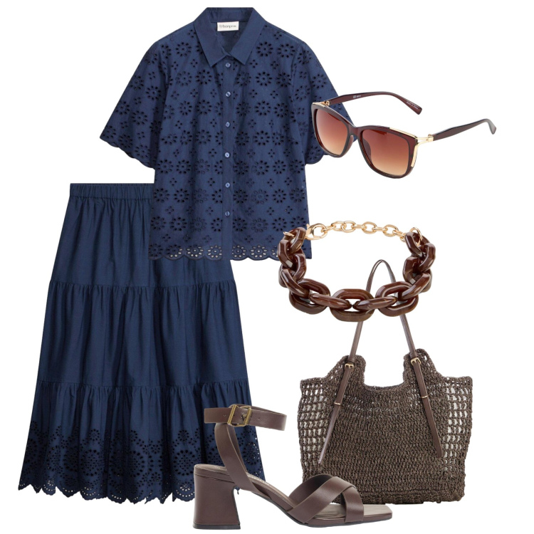 Outfit donna - Ricami traforati !. Stile Trendy per Tutti i giorni. Abbinamento con sandali col tacco, braccialetti, occhiali da sole, shopping bag, gonne, camicie a manica corta.