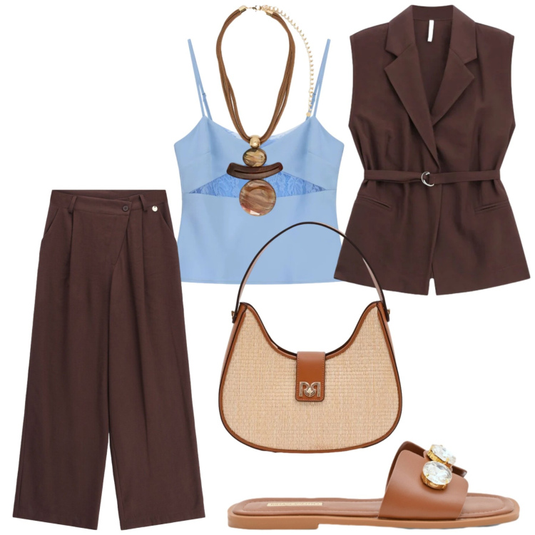 Outfit donna - Total look #2405069. Stile Casual chic per Serata fuori. Abbinamento con pantaloni a palazzo, canottiere, gilet, borse a spalla, sandali gioiello, ciondoli.
