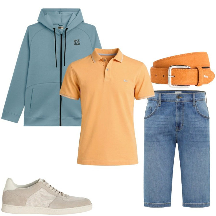Outfit uomo - Total look #2405070. Stile Urban per Tutti i giorni. Abbinamento con bermuda, cinture, sneakers, polo, felpe con cappuccio.