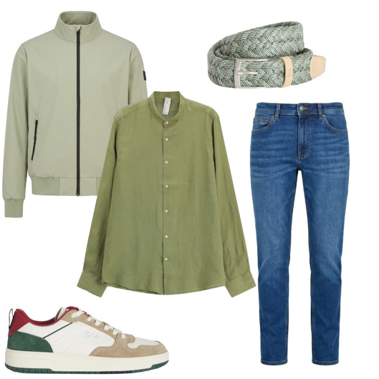 Outfit uomo - Total look #2405071. Stile Casual per Ufficio. Abbinamento con camicie, sneakers, cinture, jeans, bomber.