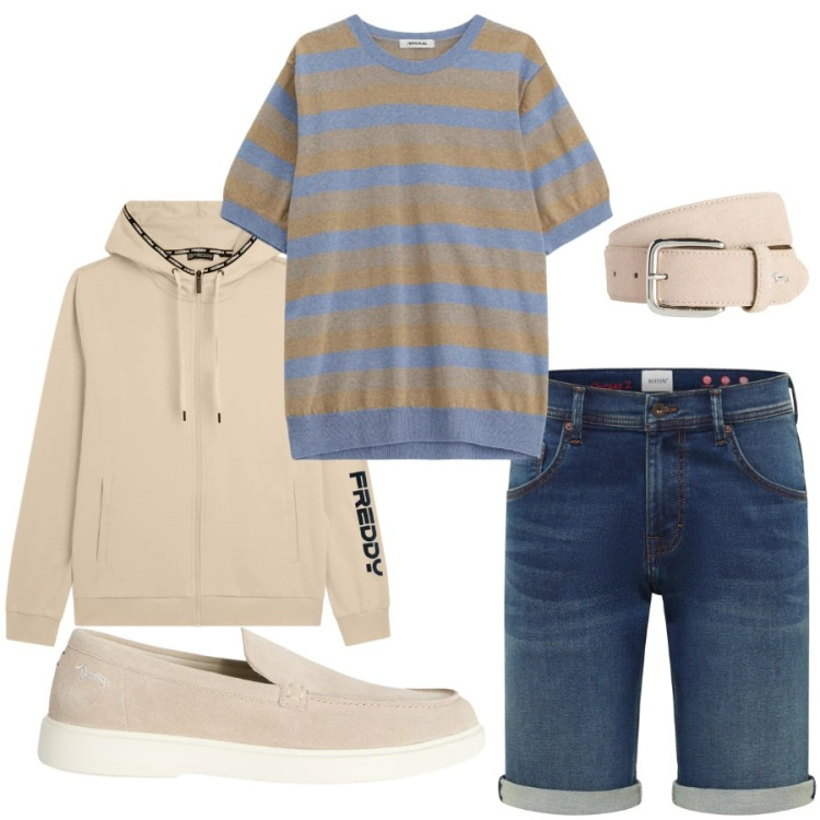 Outfit uomo - Total look #2405072. Stile Casual per Tutti i giorni. Abbinamento con bermuda, maglieria, cinture, scarpe stringate, felpe con cappuccio.